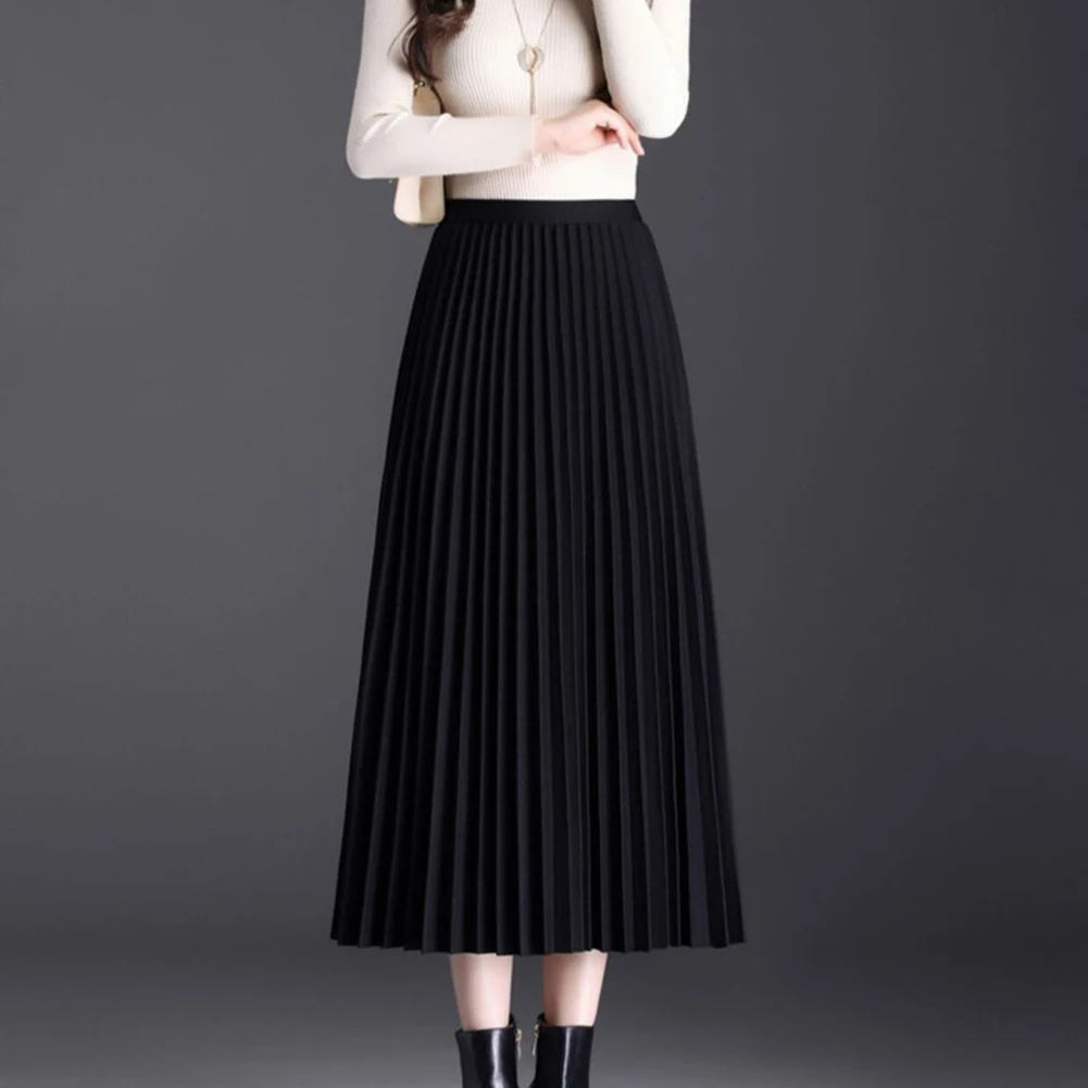 Saia de lã solta saia de cintura alta estilo plissado tecido de poliéster nova condição saias femininas todas as estações