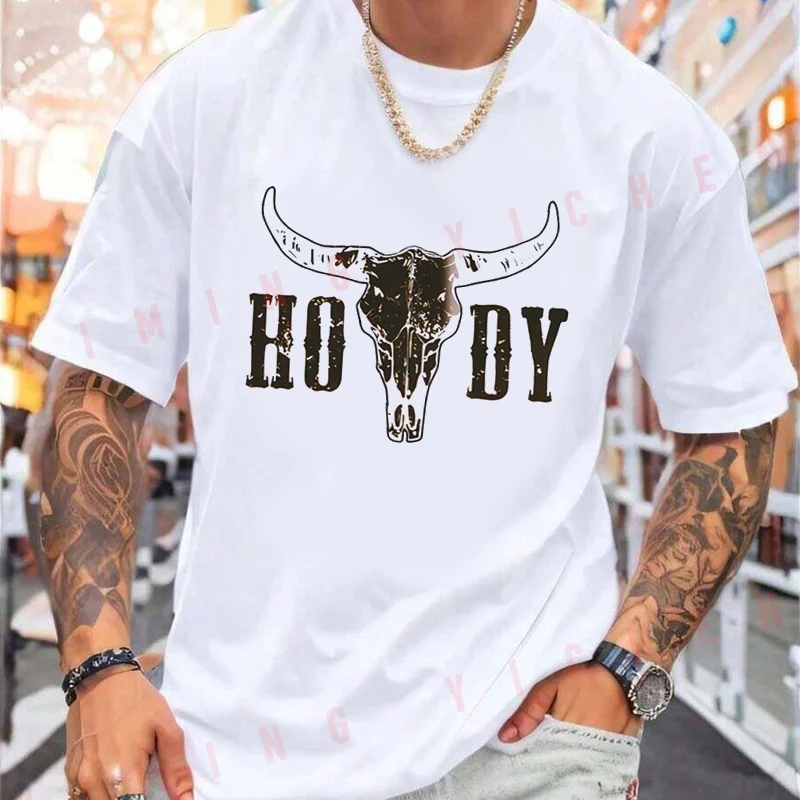 Western Cowboy HOWDY Bull Skull Print Motorcycle T-shirt Casual Trendy Tshirts For Summer Comfortable Short Sleeve Tops