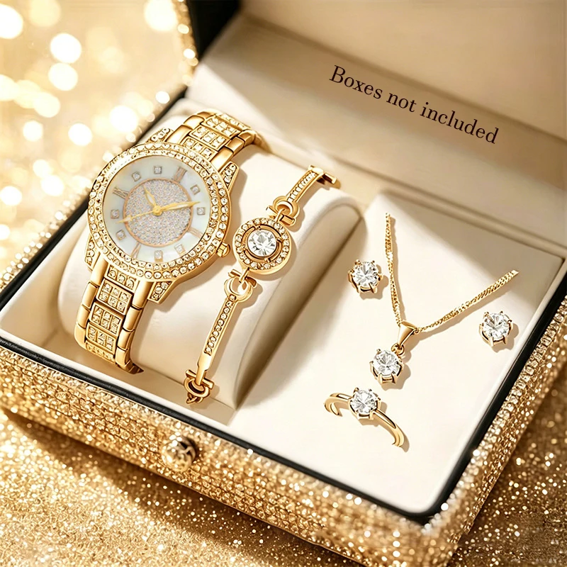 6Pcs Women Luxury Jewelry Set, Elegant Watch + Bracelet + Necklace + Earrings + Ring, Daily Wear