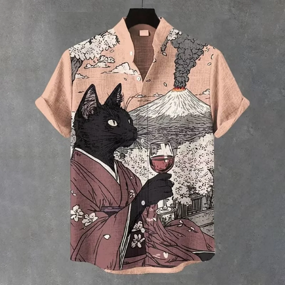 Men's Japanese samurai cat printed short sleeved shirt, retro ukiyo-e standing collar casual linen shirt, men's Hawaiian beach