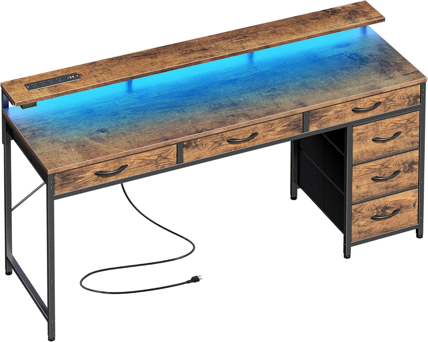 

Gaming Desk with 6 Drawers,Computer Desk with LED Lights Power Outlets and Type-C,55 Inch Office Desk with Storage,Monitor Stand
