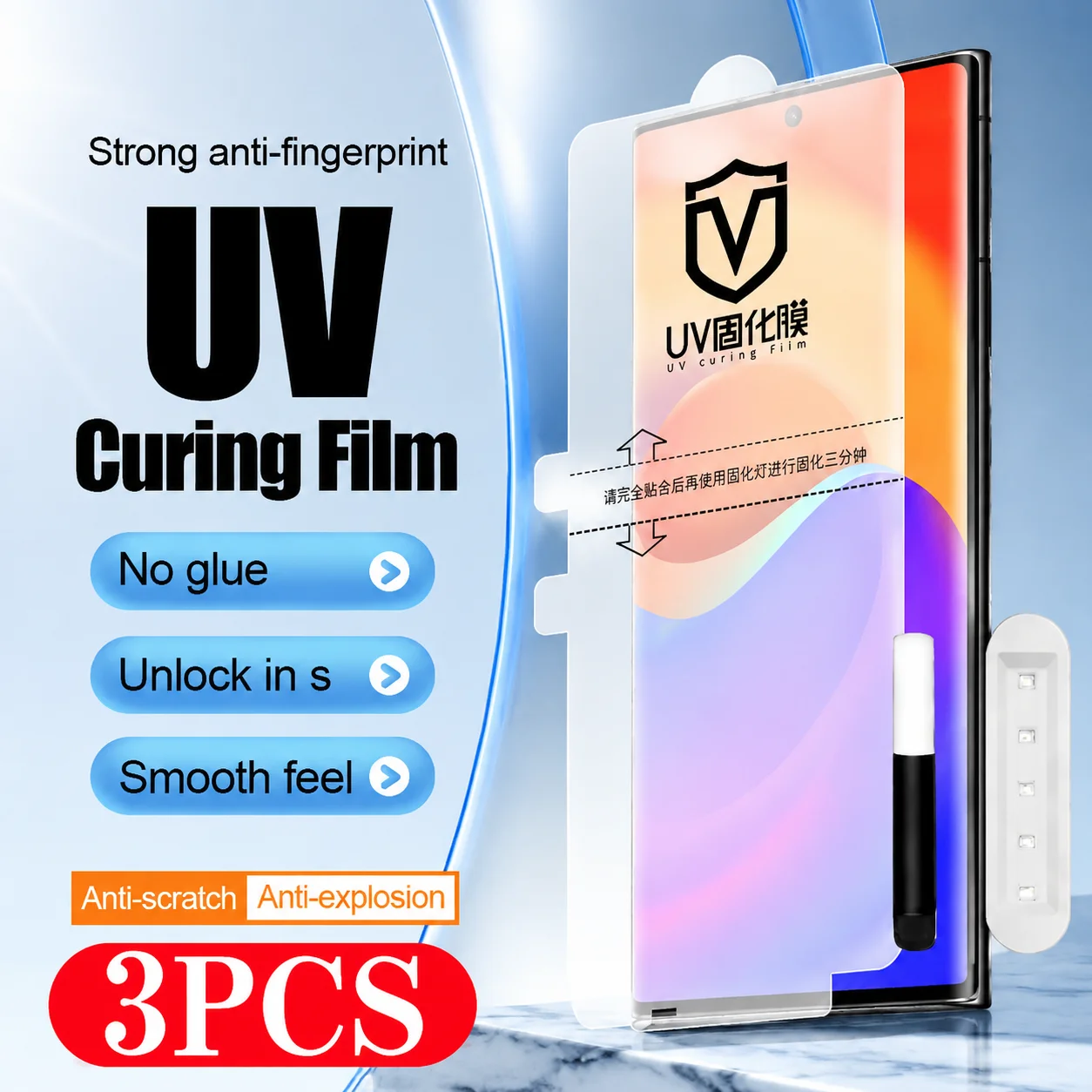 3 Stück UV-Licht-Härtungsfolie für Samsung Galaxy S24 S23 S22 Ultra S21 S20, keine Glas-Displayschutzfolie für Samsung Note 8 9 10 Serie