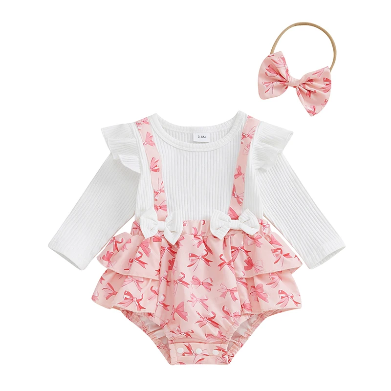 

Baby Girl 2Pcs Fall Outfits Long Sleeve Bow Print Patchwork Bodysuit with Headband Set Infant Clothes