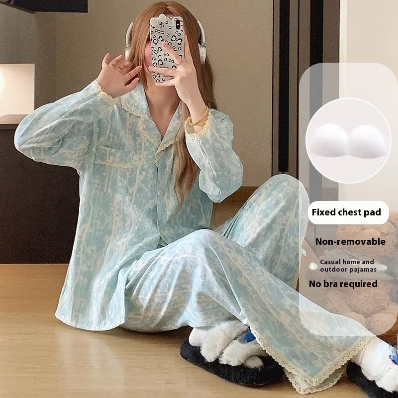 Spring autumn Long Sleeve Tops and Pants print Pajamas Set with Chest Pad for Women lace cardigan Sleepwear Female thin pyjamas