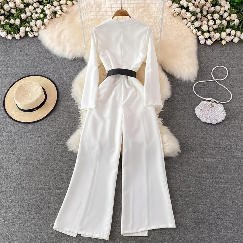 White Jumpsuits Women Spring Autumn High Waist Wide Leg Pants Double Breasted Belt Fashion Romper Ladies Loose Elegant Overalls