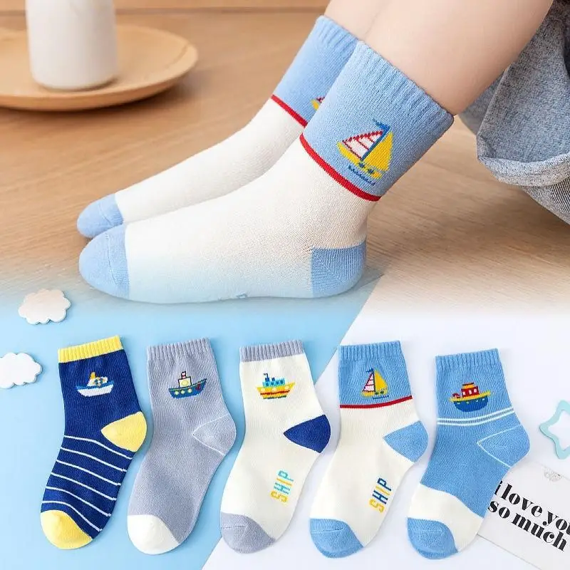 5Pairs Kids Sailboat Socks Boys Cute Cartoon Ship Cotton Socks Soft Breathable Children Mid Calf Daily Socks