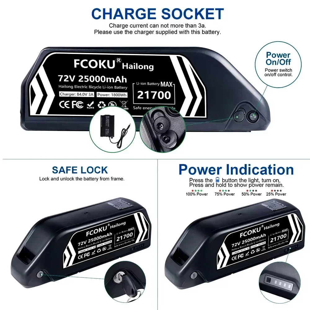 

Литиевая аккумуляторная батарея Hailong 72В 25Ач 60В 30Ач, высокой емкости, для электрических горных велосипедов 1000-3000Вт, с зарядным устройством