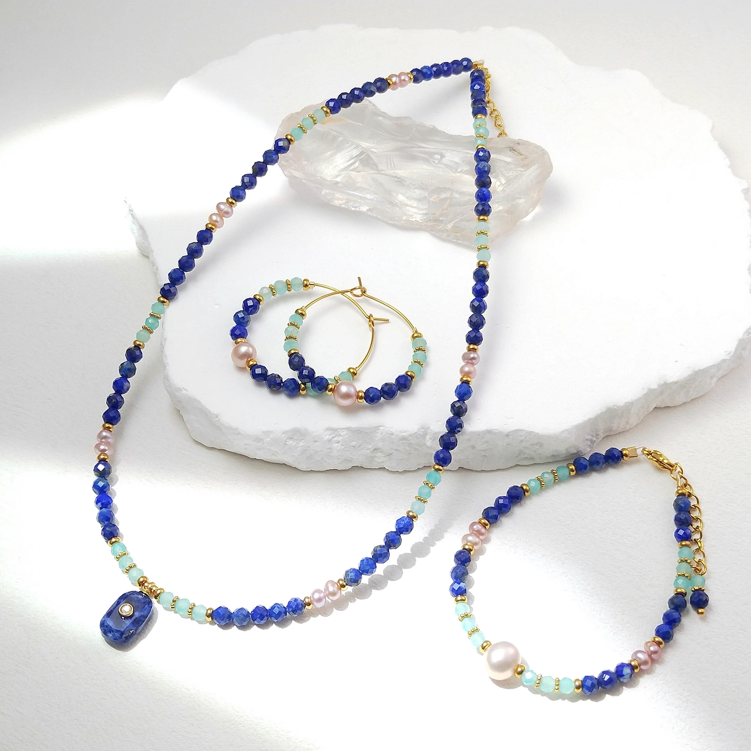 Lii Ji Lapis Lazuli 4mm Freshwater Pearl With Amazonite 3mm Facted Beads Necklace 40+3cm/ Bracelet 17+3cm / Hoop Earrings