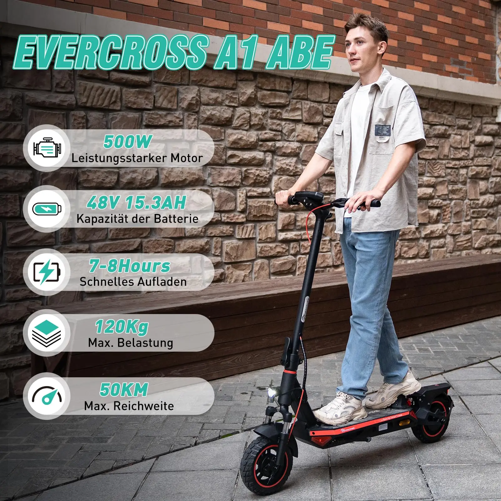 EVERCROSS TECH A1 E Scooter mit Straßenzulassung, 10'' Faltbarer Vakuumreifen Elektroroller ABE, 500W Motor & 55 km Reichweite