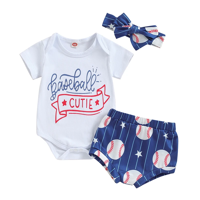 Baby Girl Baseball Outfit Letter Print Short Sleeve Romper Star Print Shorts Headband Toddler Summer Set