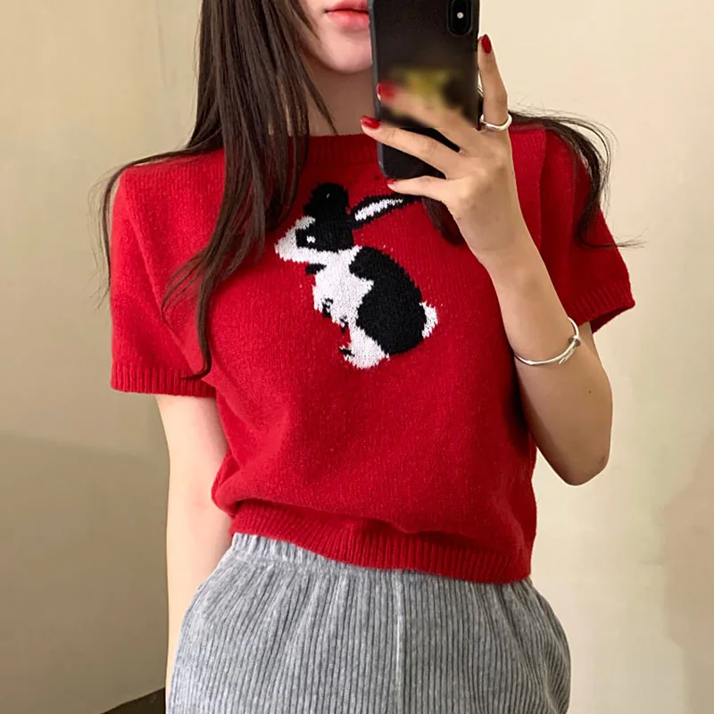 Шикарный ранний весенний нежный возрастной круглый Ne White-Elevating Elevation с вышивкой кролика Накладный вязаный свитер ort Sve...