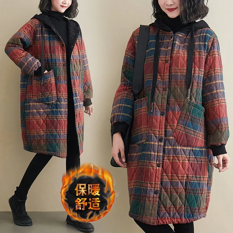 2024 New Arrival Print Plaid Hooded Thicken Warm Autumn Winter Outwear Jackets Coats Fashion Women Spring Casual Parker Coats