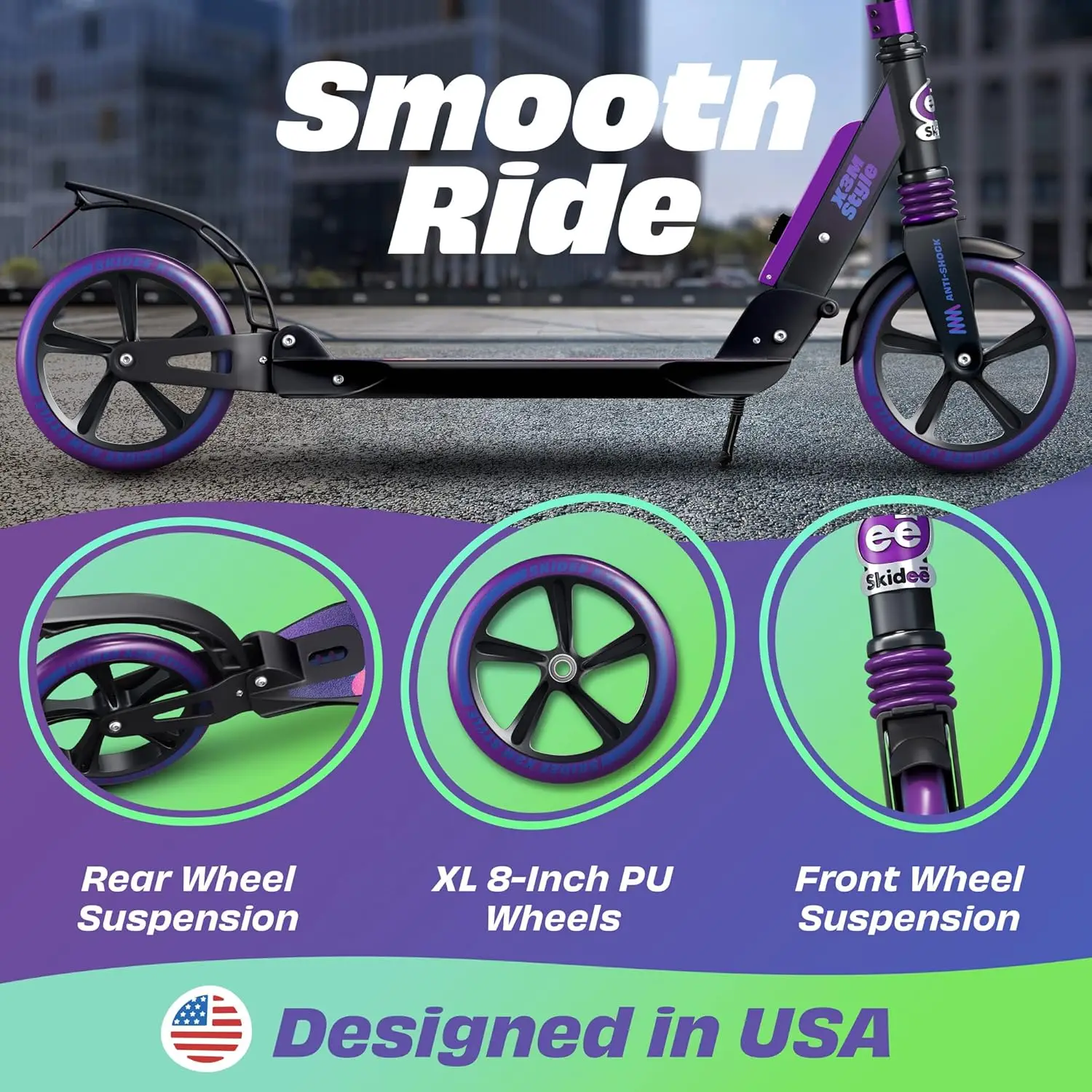 Scooter for Adults and Teens - Adjustable Height, Kids Scooter, Folding Scooter, Large Sturdy Wheels for Smooth Ride, Lightw