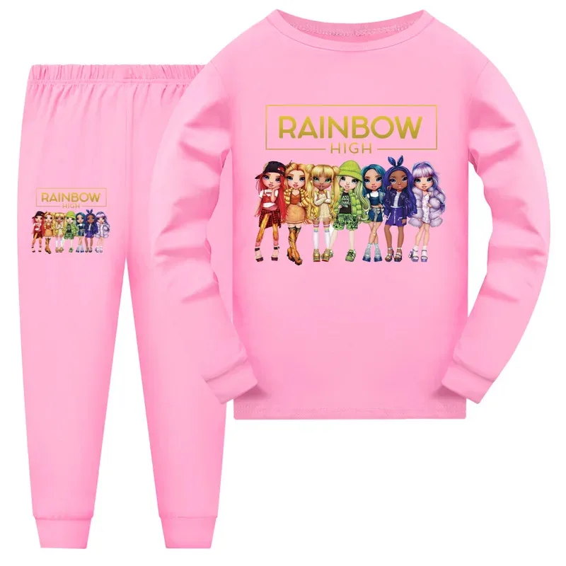 

zz04zz12Детский костюм радужной высоты с героями мультфильмов, детская футболка с длинными рукавами, брюки, комплекты из 2 предметов, повседневная одежда для сна для мальчиков и девочек, домашняя одежда