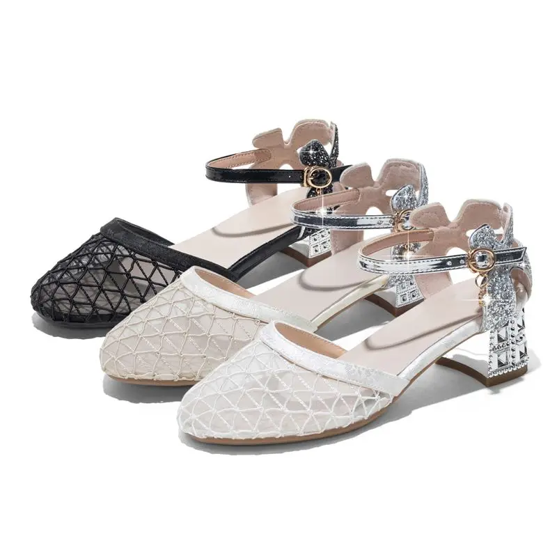 REAVE CAT Women Summer Sandals Round Toe 4.5cm Block Heels Crystal Buckle Strap Mesh Plus Size 41 42 43