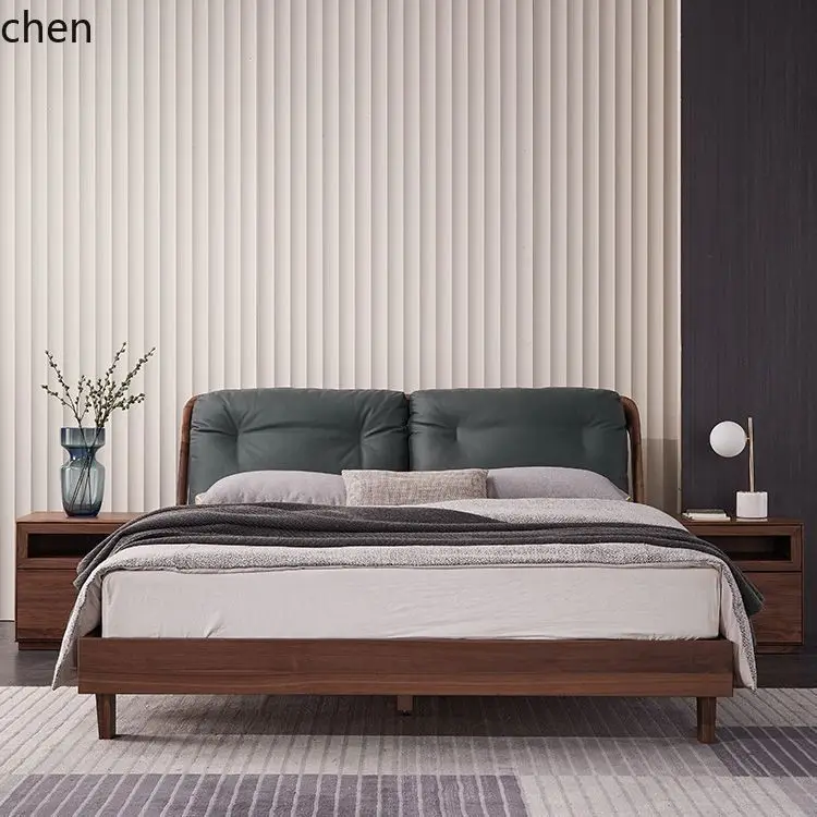 ZML Solid Wood Bed Double Bed Modern Minimalist Bedroom Soft Back  Wedding Bed