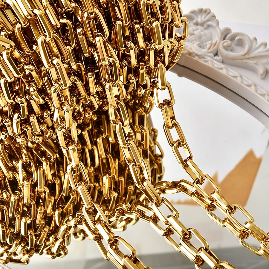 Rechteckige Kettenhalskette im Hip-Hop-Stil, Edelstahl-Halsketten für Damen und Herren, Accessoires, Halsketten, echt vergoldeter Schmuck – Detail 6