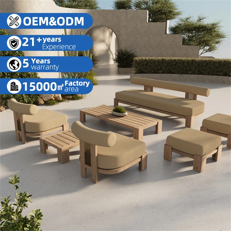 Modern Outdoor Teak Garden Sofa Set with Waterproof Cushions for Farmhouse Park Hotel Villa & Courtyard