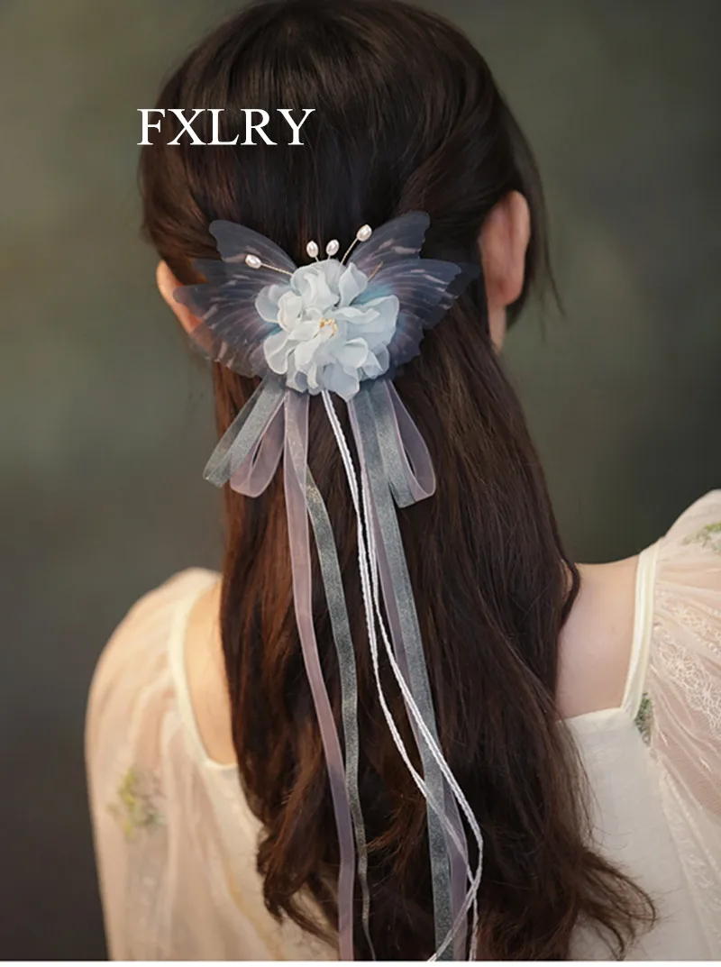 

FXLRY Original Design Handmade Vintage Silk Gauze Butterfly Headdress Sen Tied Flowers Hairpin