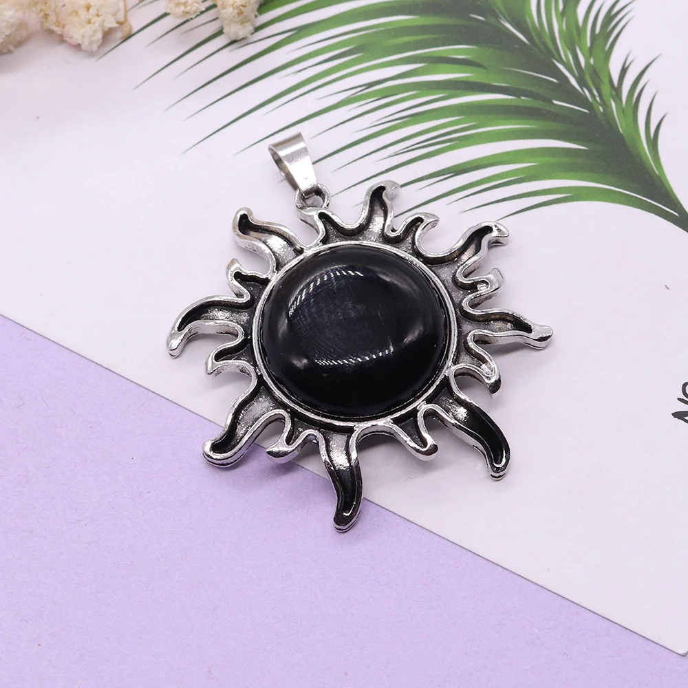 Fashion Natural Stone Pendant Quartz Crystal Tiger-eye Plated Silver Alloy Sun Pendants for Jewelry Making Necklace Accessories