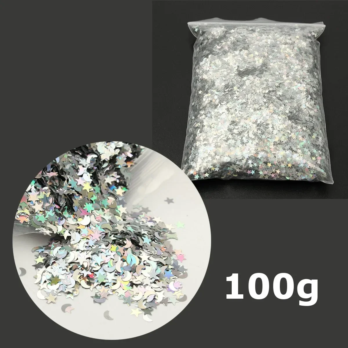 100g Silver Rainbow Glitter for Emulsion Paint Holographic Shape Stars & Moons