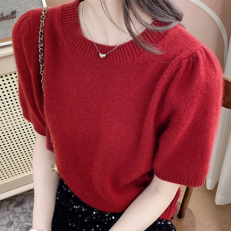 Hot selling new women's knitted O-neck sweater T-shirt, fashionable and exquisite women's short sleeved 100 wool pullover sweate