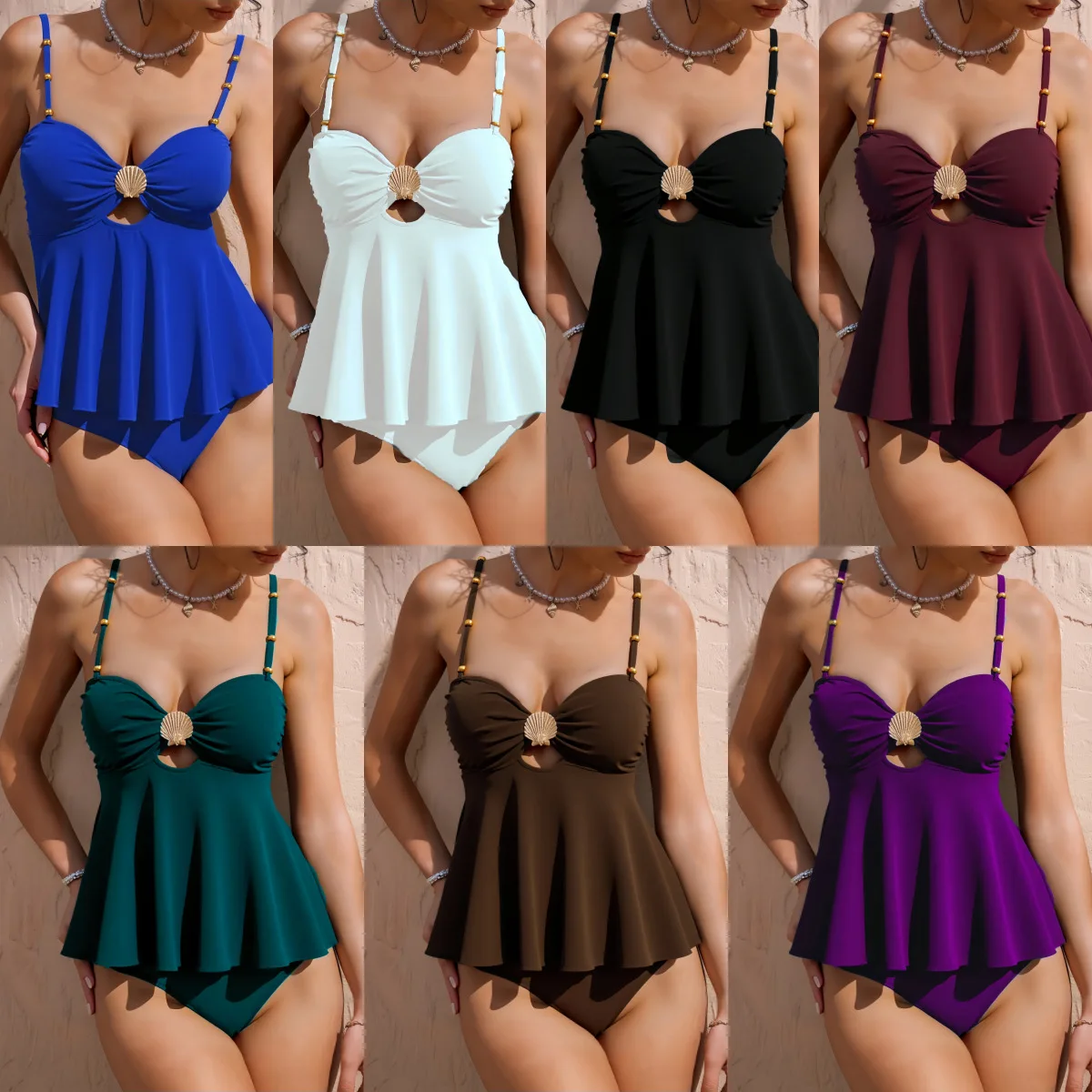 Sexy Solid Color Spaghetti Strap Shell Decoration Bikinis for Women Split Swimsuit Beach Backless Bikinis Two Piece Sets