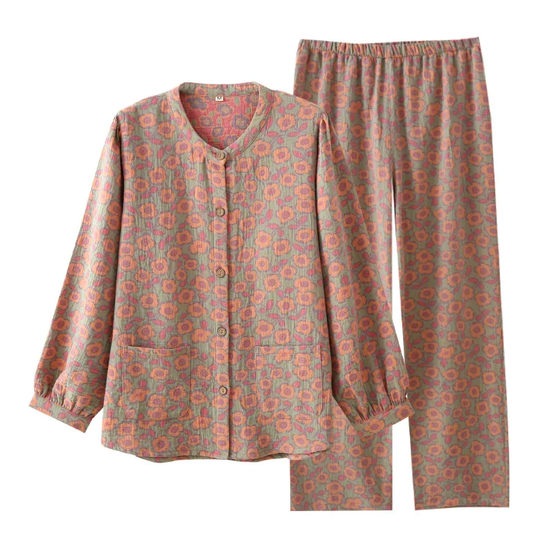 Conjunto de pijama de algodón con estampado de flores para mujer, ropa de casa de manga larga, estilo Retro, Otoño e Invierno