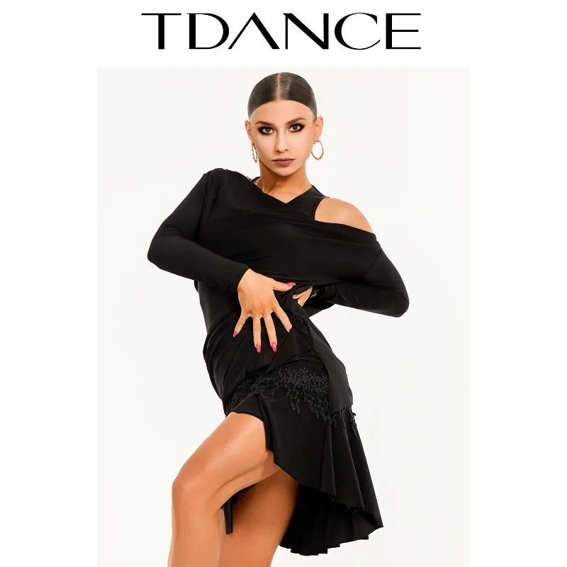 Maßgeschneidertes TDANCE Latein-Übungskleid [Schrägoberteil mit schwingendem Kragen hinten] Tanzkleid für weibliche Erwachsene gepaart mit Kapuzenpullover GL-56