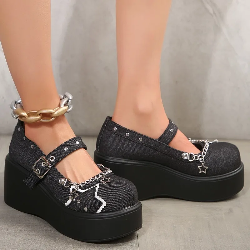 High Heel Wedges Mary Janes Denim Round Toe  2024 Brand Shoes Female Buckle Strap Casual Spring/autumn Chain Solid Pumps