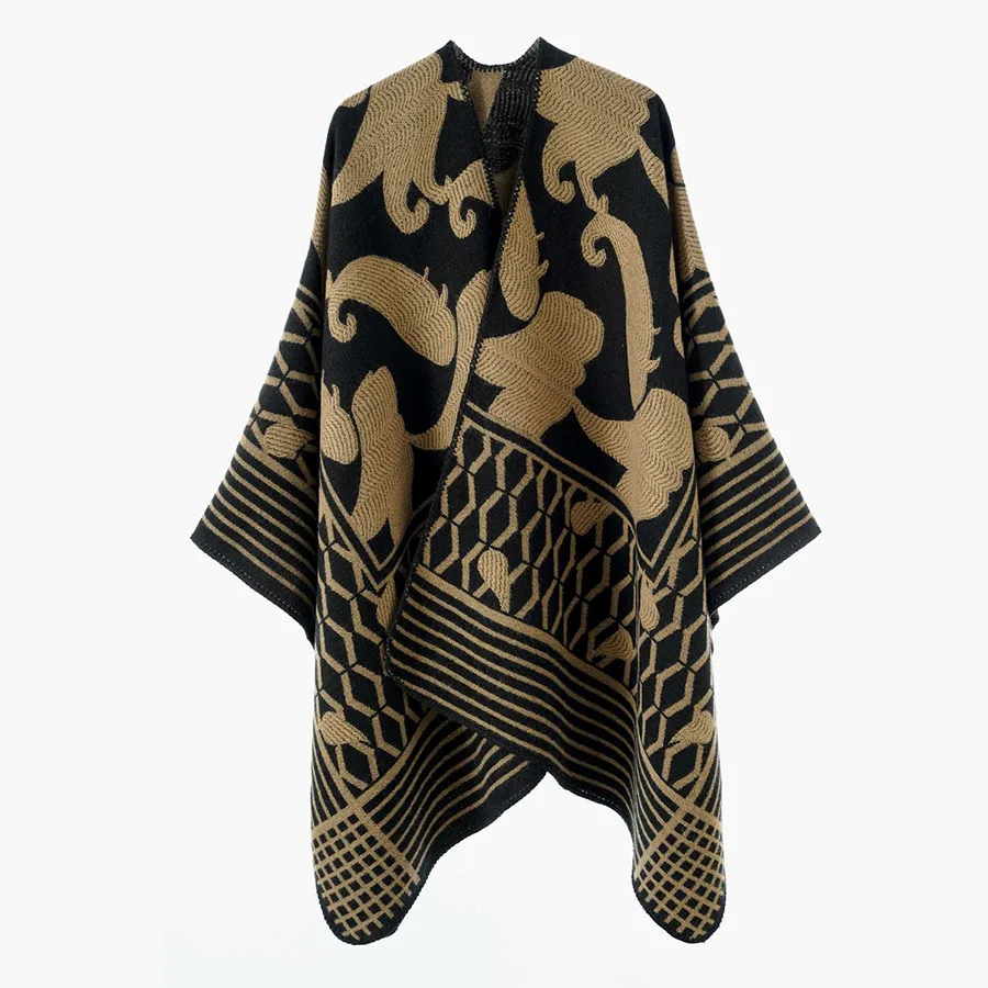 Women Geometric Jacquard Poncho Shawl Oversize Vintage Open Front Faux Cashmere Cape Autumn Winter Casual Travel Warm Wrap