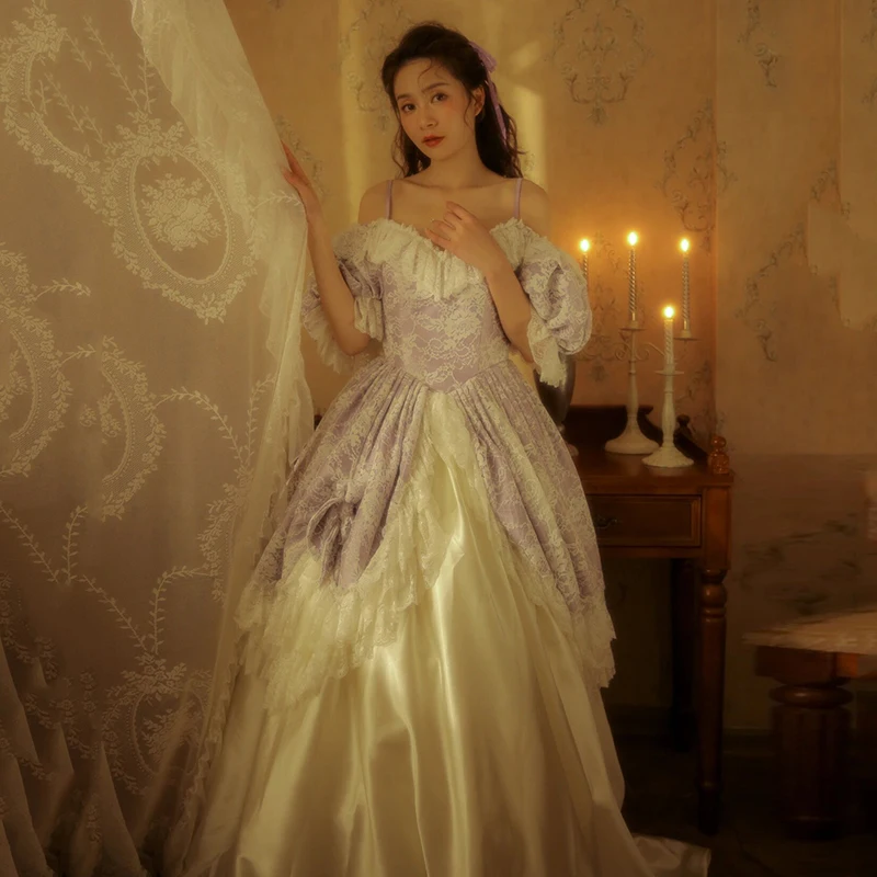 AnXin SH princess vintage purple flower lace white satin boat neck ruffles short puff sleeve bow customized wedding dress