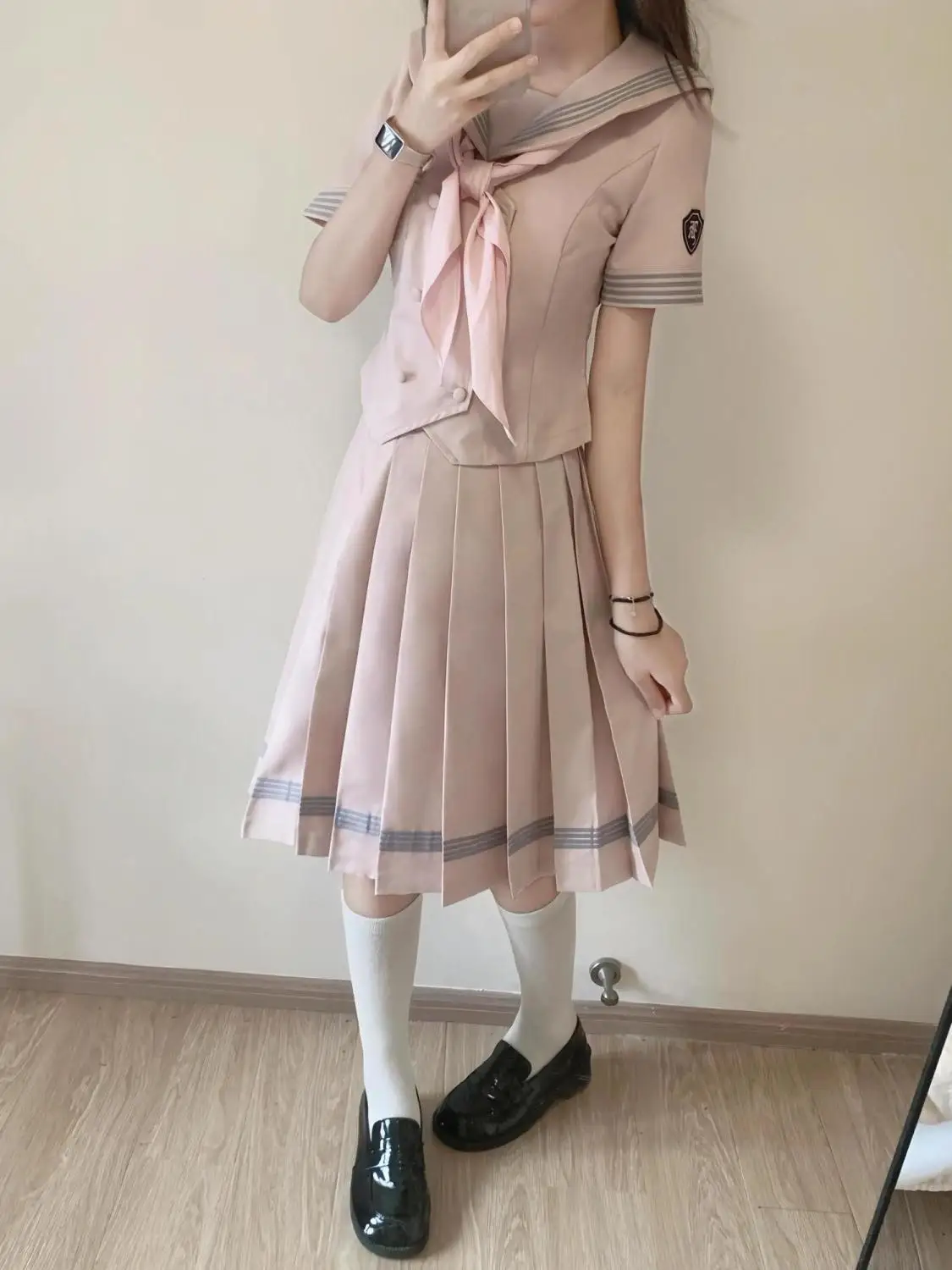Sweet Kawaii JK Uniform 2 Piece Set Women Pink Sailor Collar Bow Tie Emblem Patch Short Sleeve High Waist Pleated Skirt Slim view 2