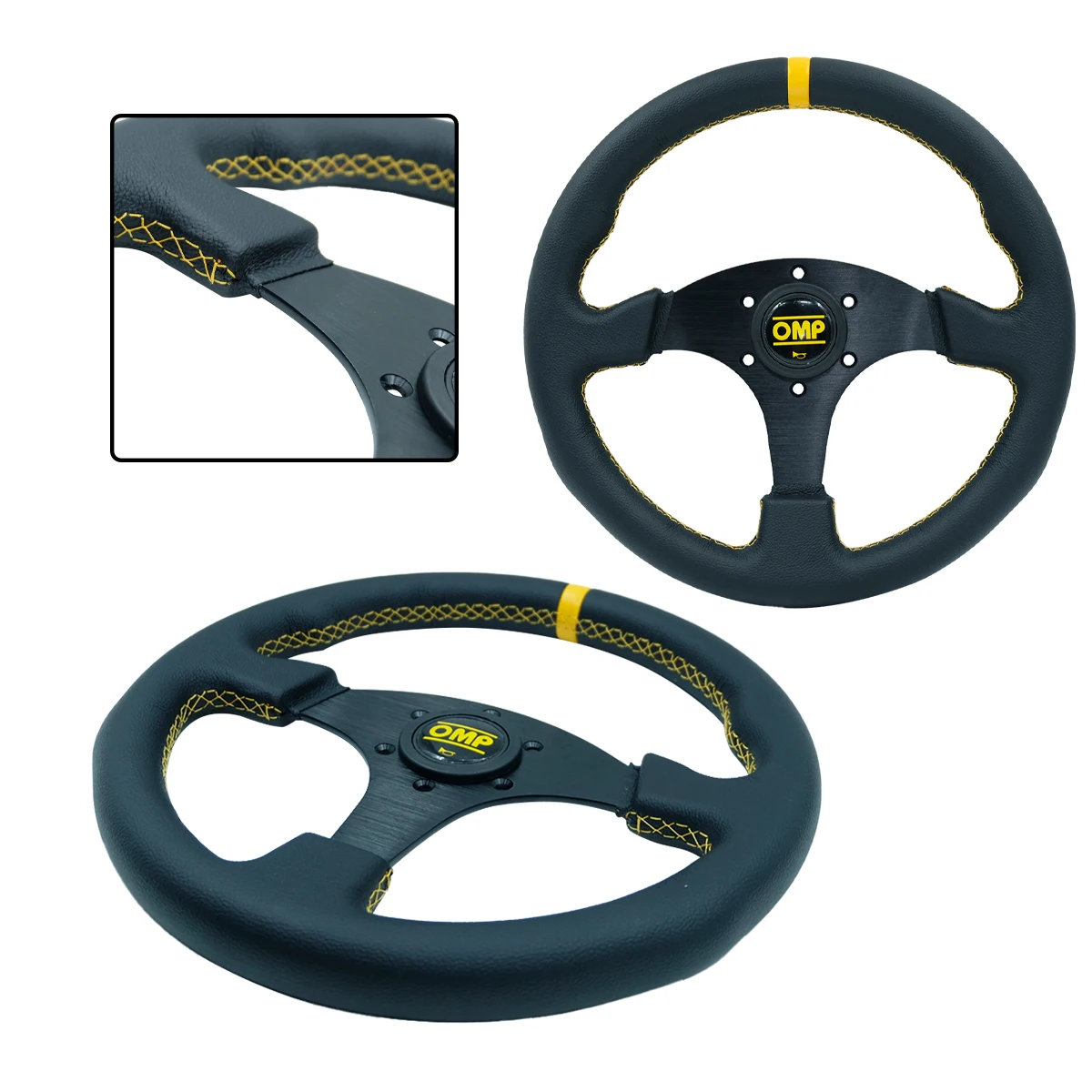

14-дюймовый кожаный желтый кольцевой светильник 350 мм с желтой линией O-M-P, плоский руль для модификации автомобиля, игровой контроллер для гонок