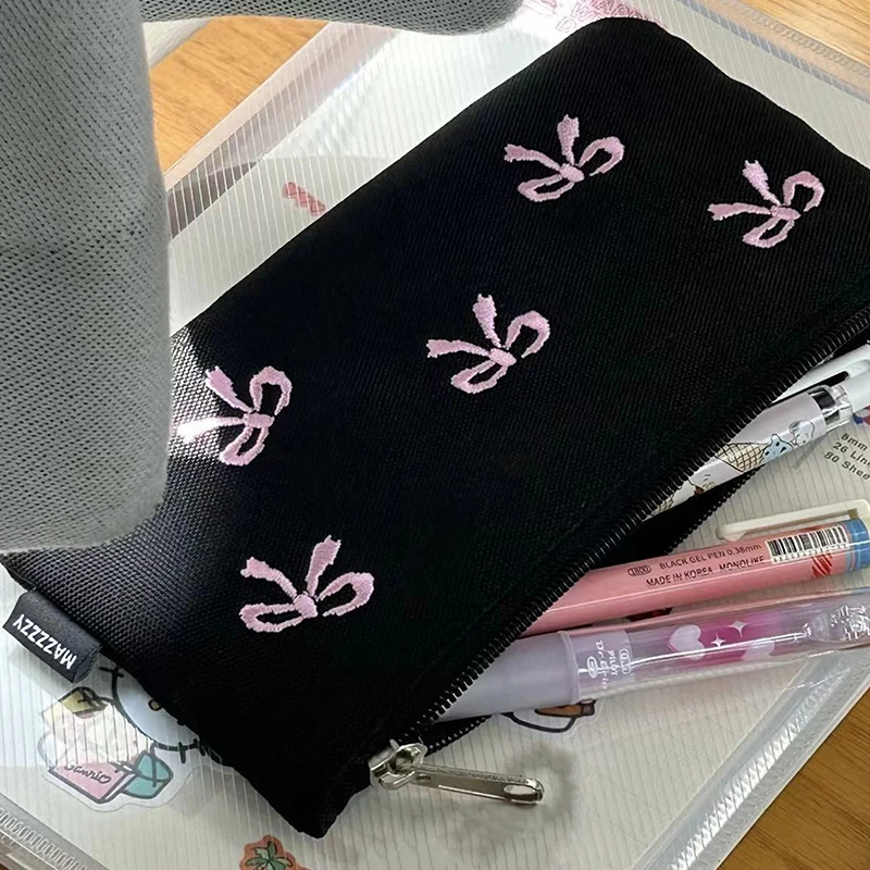 Ins Style Simple Black Bow Pencil Case Large Capacity Pencil Storage Bag Cosmetic Bag Stationery Organizer School Supplies