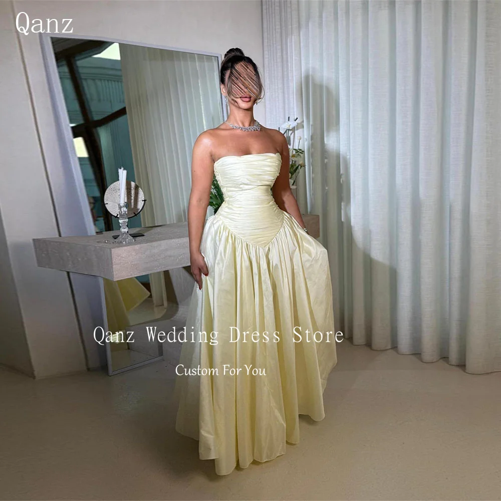 

Qanz Желтые вечерние платья из тафты без бретелек Длинные трапециевидные платья Саудовская Аравия Вечерние платья Женские плиссированные халаты De Soirée по индивидуальному заказу