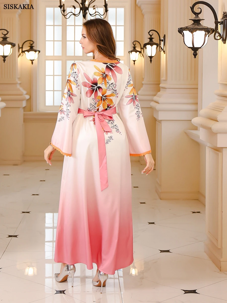 Siskakia Diamonds Arabic Robe Jalabiya V-Neck Floral Dress With Belt For Muslim Woman Dubai Moroccan Elegant Casual Fashion