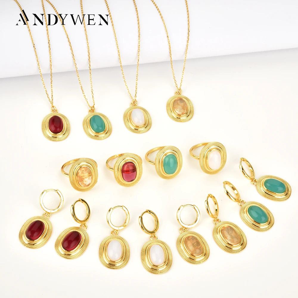 

ANDYWEN 925 Sterling Silver Transparent Turquoise Ovals Drop Earring Ring Necklace Jewelry Set Rock Punk 2024 Fine Jewelry
