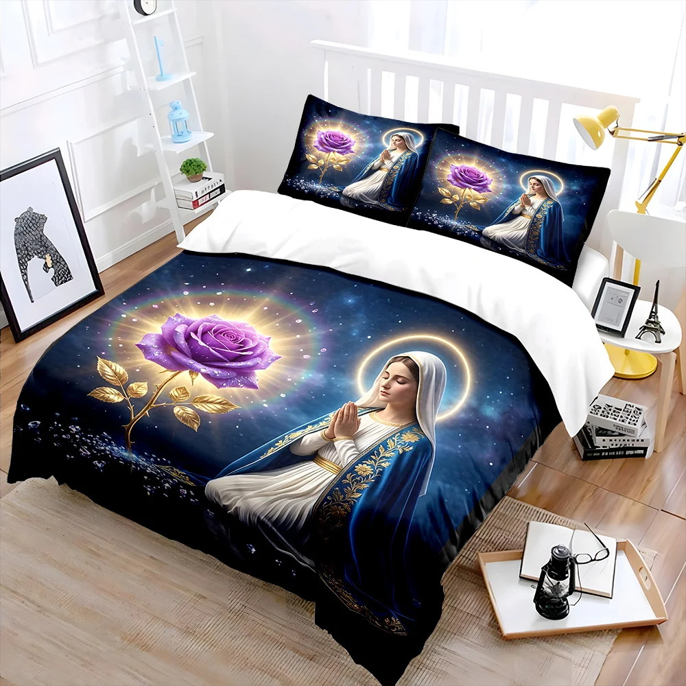 The Virgin Mary and the Purple Rose Bedding Set for Kids Luxury Gift 3pcs Digital Print Comforter Set Soft Comfortable