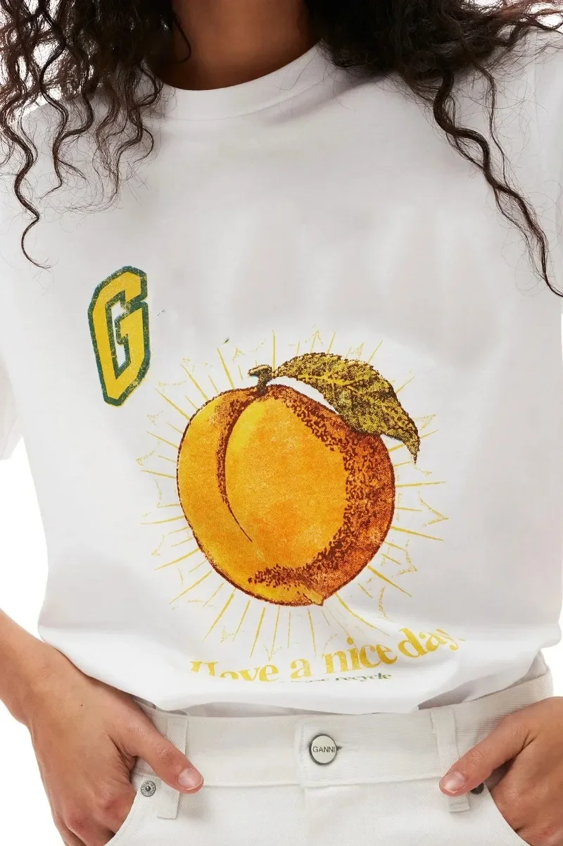 Camiseta de morango estilo casual feminino, camiseta moda verão, estampada com frutas, gola em O, manga curta, simples, relaxada em cinza