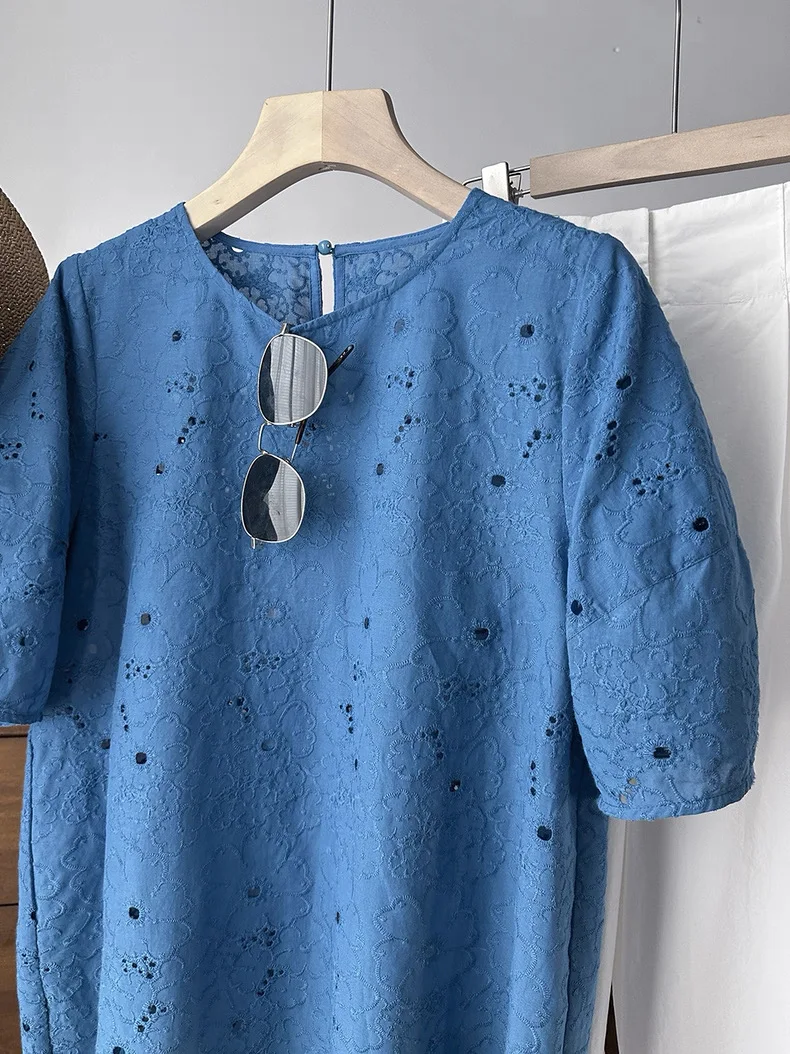 Elegant Hollow out Hook Embroidery Wave Lace Trim Klein Blue Doll Top Women's Cotton Short Sleeve round Neck T-Shirt