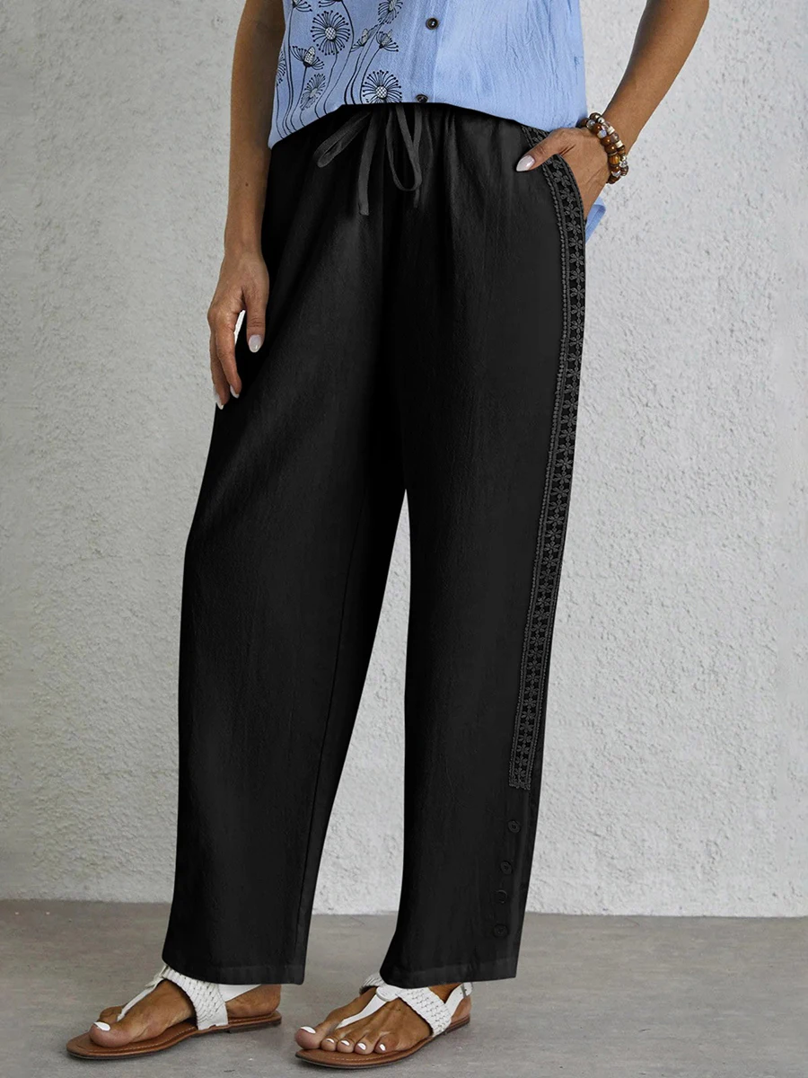 Loose Women Trousers Black Color Wide Leg Long Pants Elastic Drawstring Waist Straight Cut Comfy Side Button Lace Trim Pants