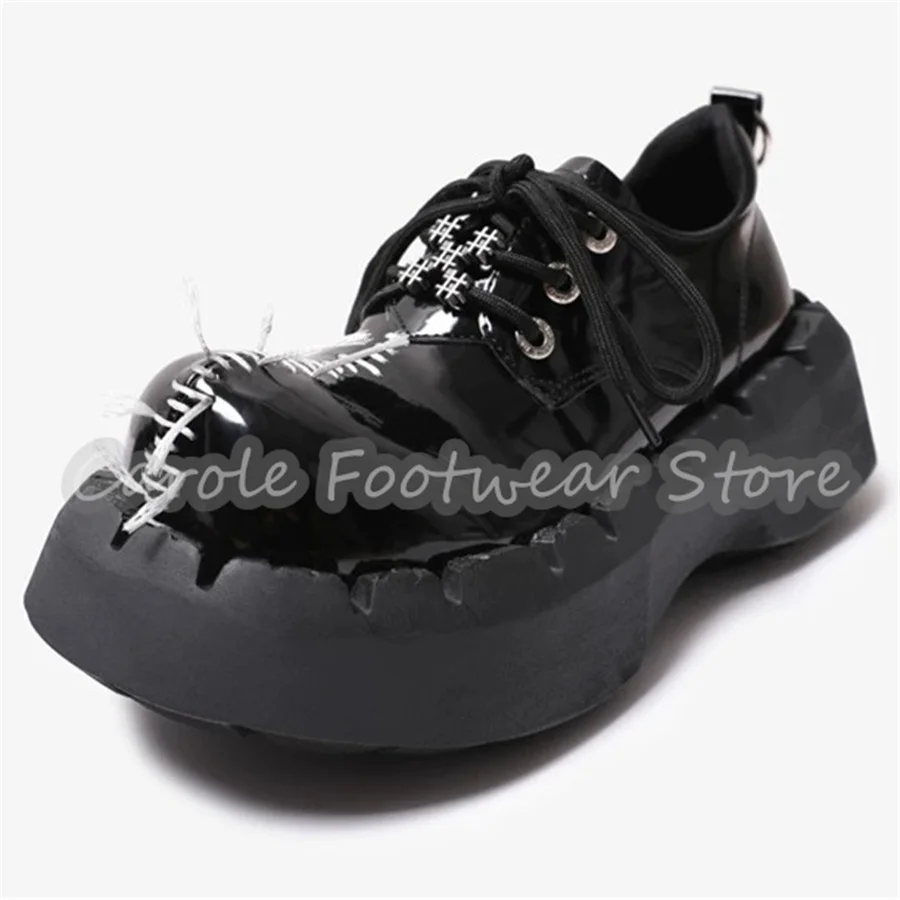 Male Chunky Bottom Heigh Increasing Shoes Gothic Stitch Platform Lace-Up Derby Shoes Black Patent Leather Streetwear Oxfords view 6