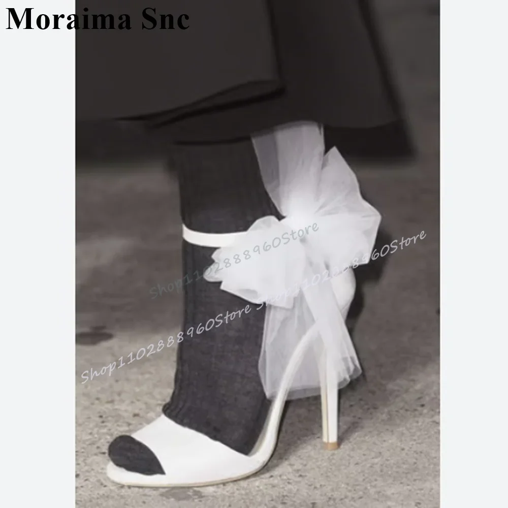 

Elegant White Leather Air Mesh Knot Sandals Thin High Heel Shoes For Women Ankle Buckle Strap Open Toe 2025 Zapatos Para Mujere