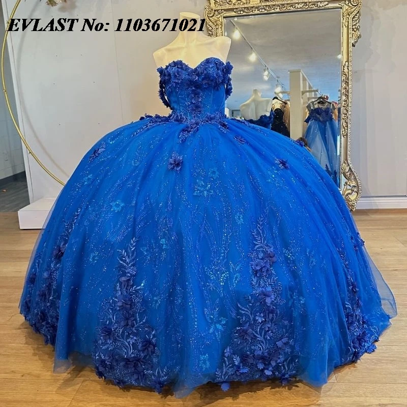 EVLAST Customized Royal Blue Quinceanera Dress Ball Gown 3D Floral Applique Beading Corset Sweet 16 Vestidos De XV 15 Anos SQ105