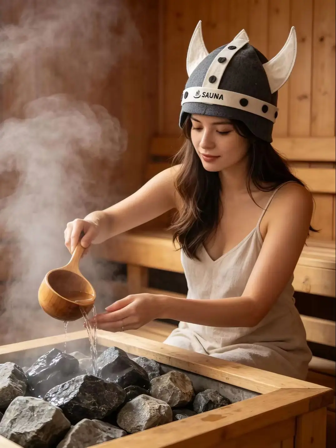 Wikinger-Hornmütze aus Wollfilz, Reine Wolle Russische Banja-Mütze, Wärmeisolierend und Verbrühungsschützend, SPA-Bademütze mit SAUNA-Stickerei, Unisex – Detail 3
