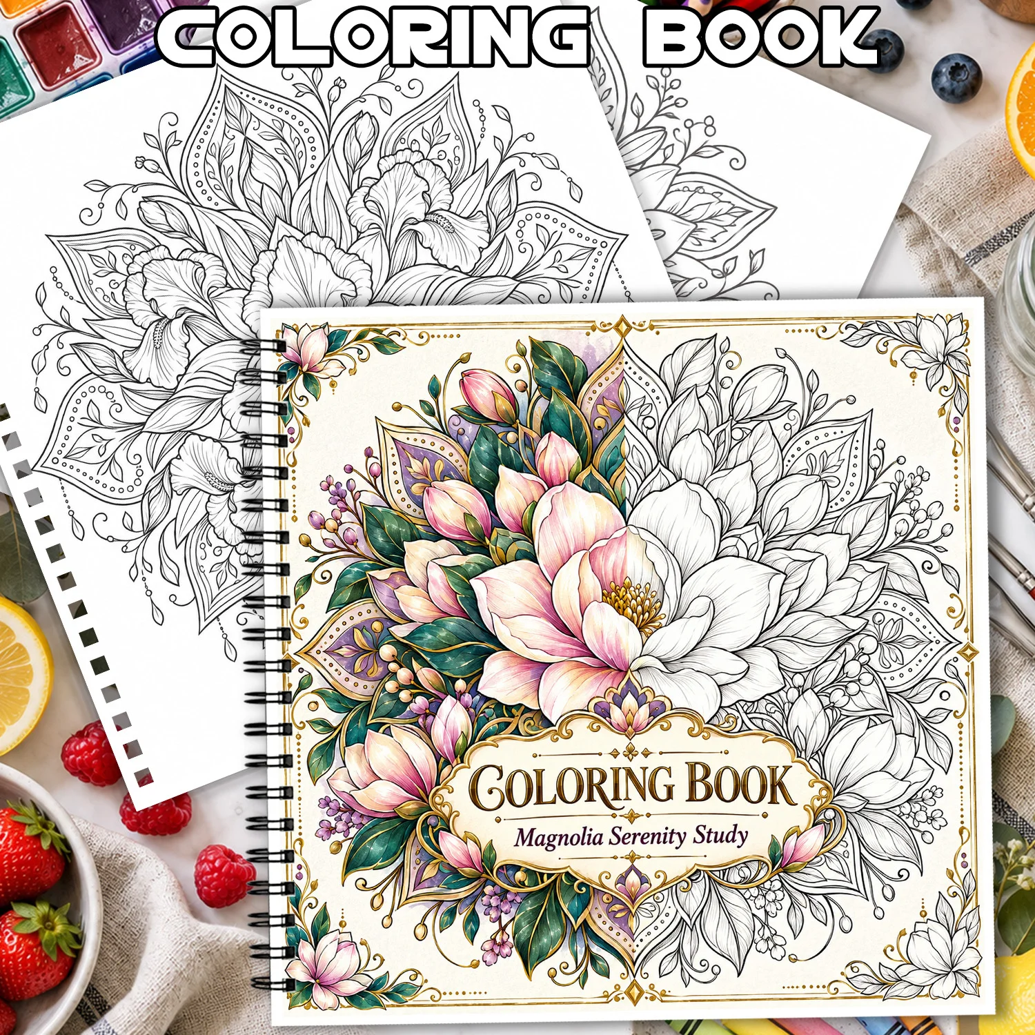 Spiral Binding Coloring Book Magnolia Serenity Study 24Sheets Mandala Art for Adult Teens Showcasing Creativity Relieving Stress