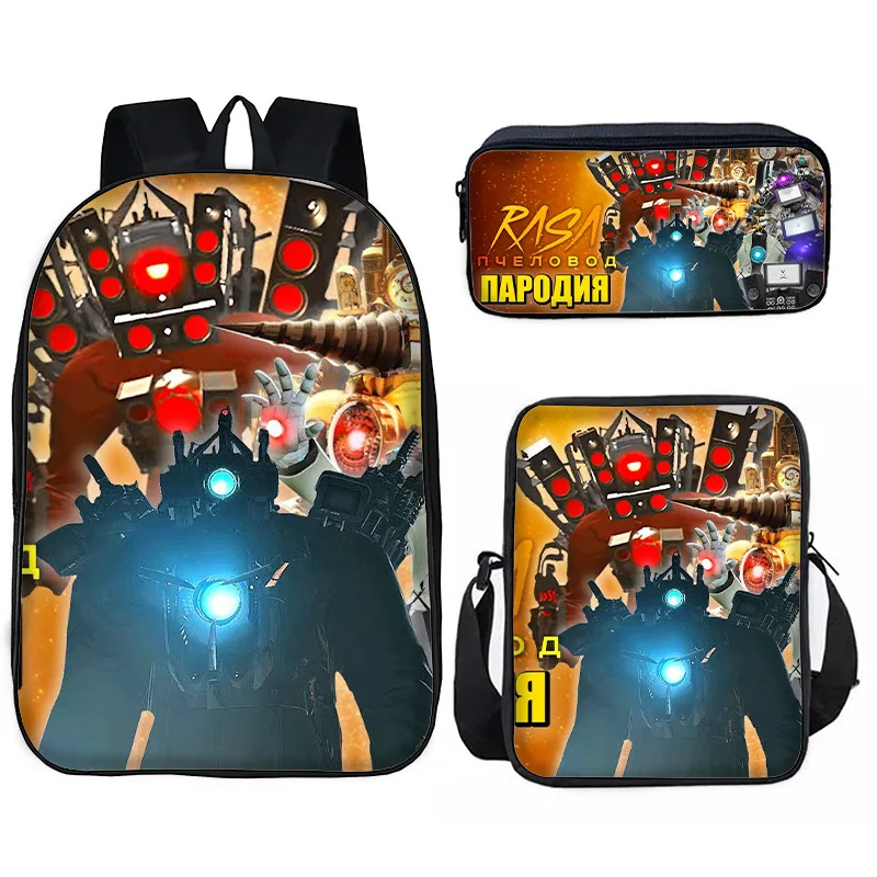 New Hot Selling Skibidi Toilet Toilet Man Spoof Three-piece School Bag Student Children Cool Backpack Shoulder Bag Pencil Case