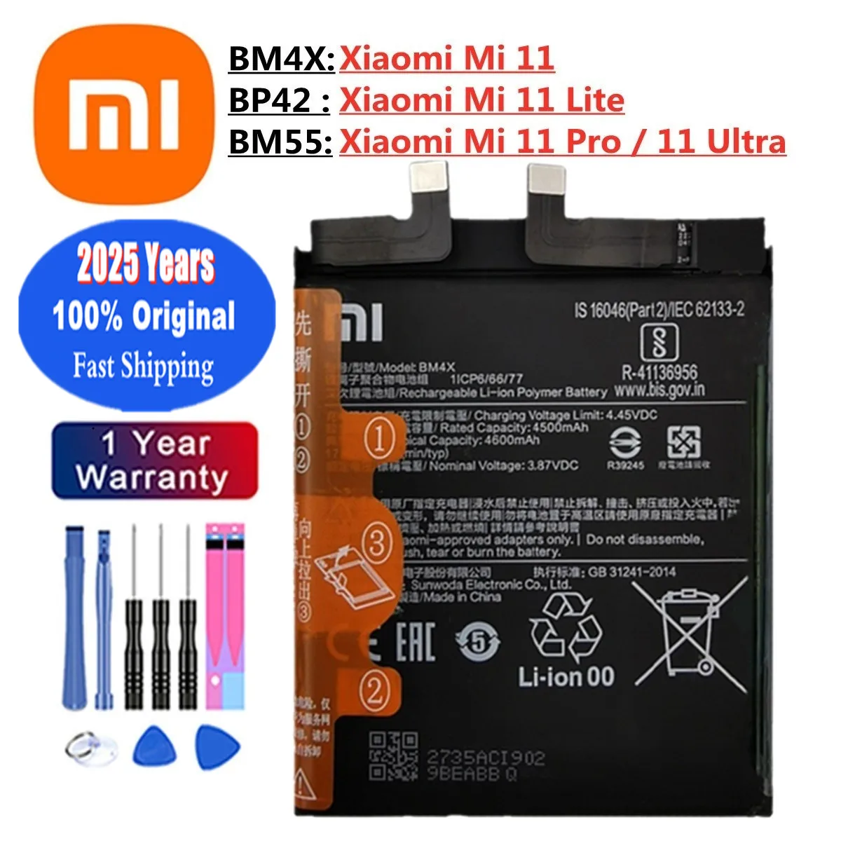 2025 Years BM4X Original Battery BM55 For Xiaomi Mi11 Mi 11 Lite 11Lite / 11 Pro 11Pro / 11 Ultra 11Ultra BP42 Battery Bateria