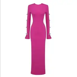 Women Long Sleeve Crystal Bow Tie Maxi Dress, Sexy Bodycon, Deep Split, Cut out Bandage Dress, Evening Club Party Dress, Fashion